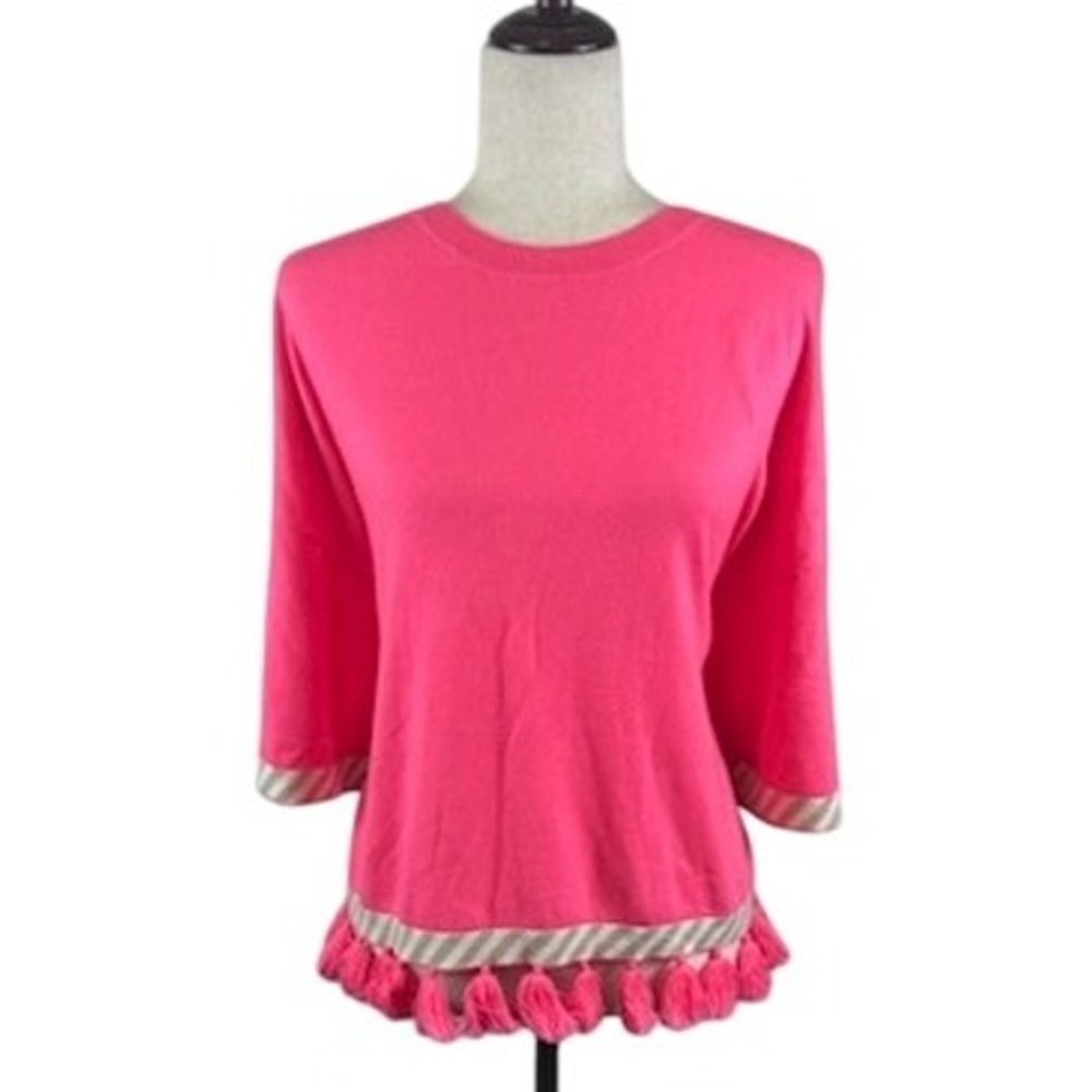 Lilly‎ Pulitzer Tassel Hem Sweater Top Hot Pink 3/4 Sleeve Trim Size Small